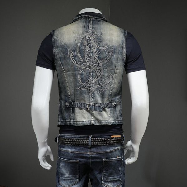 

vintage jean jacket mens single breasted denim vest jeans waistcoat england style brand cowboy embroidery sleeveless jacket 3xl, Black;white