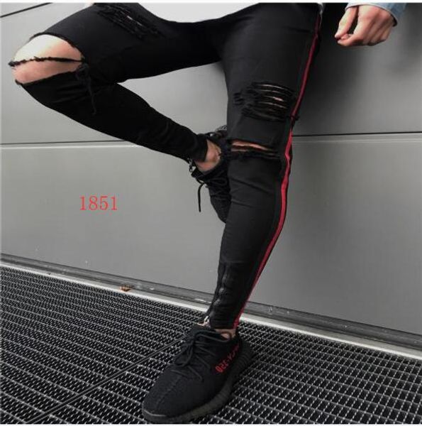 

модные мужские джинсы с рваными рваными брюками для мужчин узкие прямые брюки хип-хоп узкие молнии брюки с джинсовой отделкой, Blue