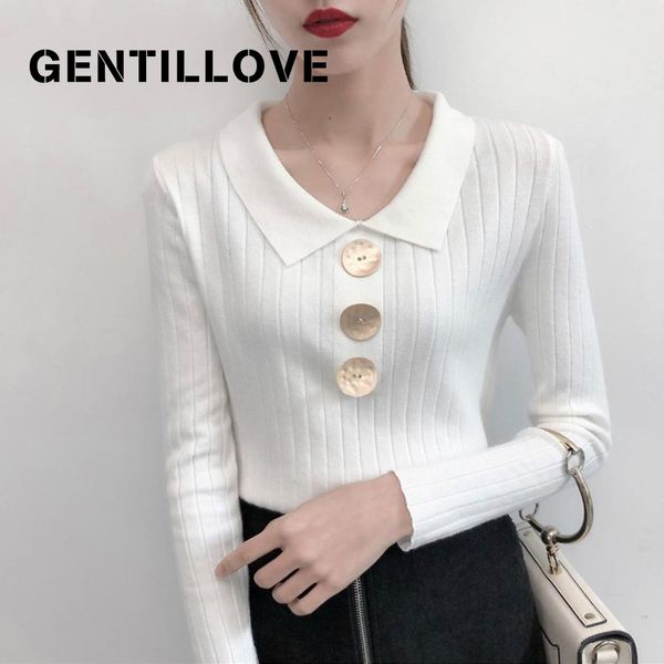 

gentillove women chic korean style v neck knitted sweater autumn turn down collar solid color button slim sweater 2019 fashion, White;black
