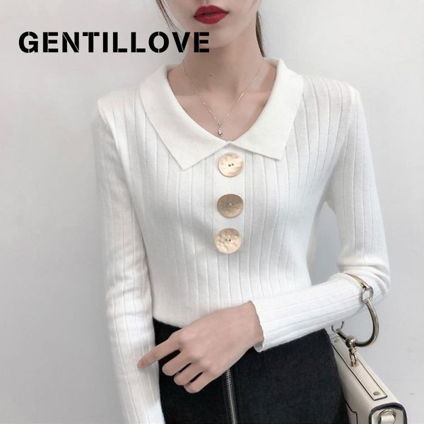 

gentillove женщины chic корейский стиль v шеи вязаный свитер осень отложным воротником сплошной цвет кнопки тонкий свитер 2019 мода, White;black