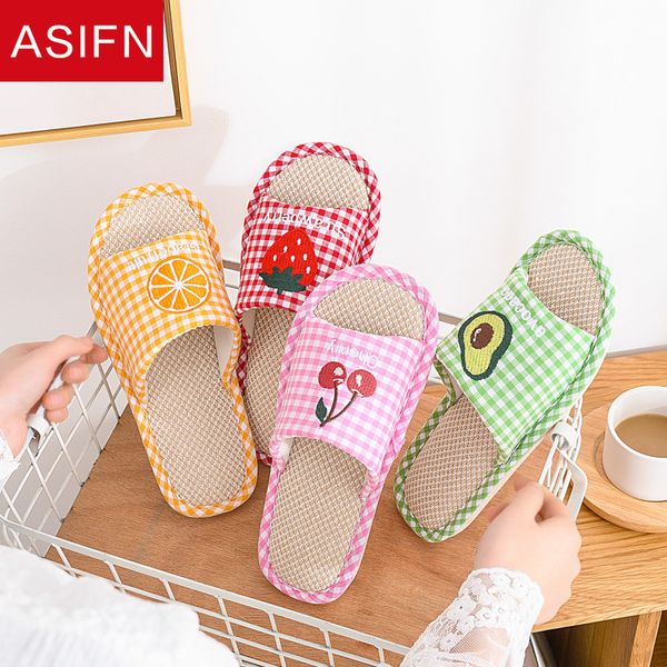 

asifn женского льняных тапочки cute fruit lattice слайды non скольжение внутренние дамы вьетнамки мужчины дама мулы chaussures femme, Black