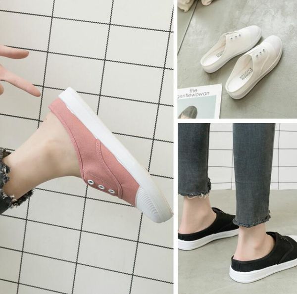 

female flat shoes summer canvas shoes student korean lazy half drag, Black