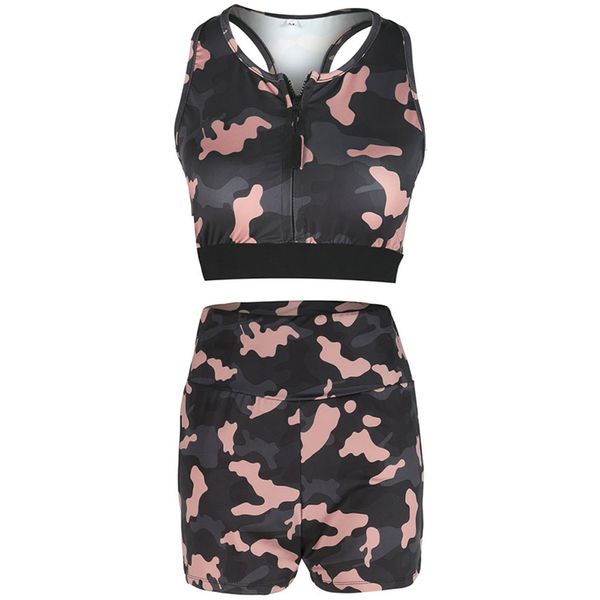 

casual sleeveless women polyester shorts two-piece formal cardigan camouflage travel + pants set ladies zipper collar, White