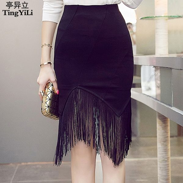 

tingyili black fringe skirt high waist slim tight bodycon skirt elegant office ladies knee length pencil skirts womens s-5xl, Black;gray