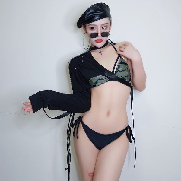 

stage costumes for singers women jazz camouflage bikini pole dance clothing celebrity rave outfit nightclub dj ds wear dn4220, Black;red