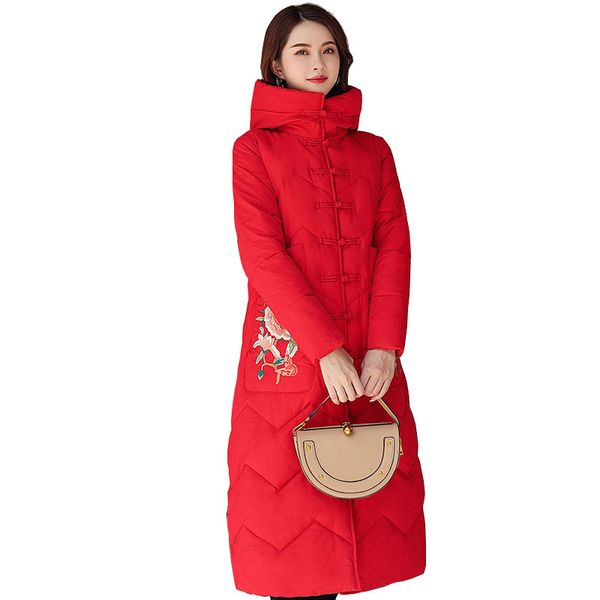 

x-long hooded buckle embroidery bakery winter down coat women oversize jacket cotton padded wadded parkas wind breaker sleeves, Black
