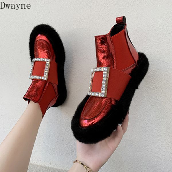 

2020 new korean version of the winter lamb hair fashion rhinestone buckle plus velvet short boots tide, Black