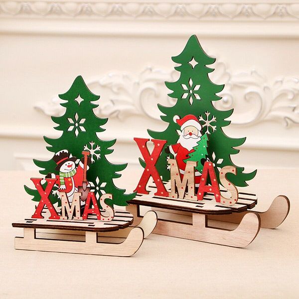 

christmas desknatural wood sled, santa claus and xmas tree crafts set ornaments christmas holiday party deskdecoration