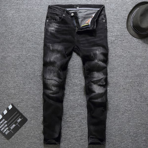 

italian vintage designer men jeans slim fit elastic patch black ripped jeans men streetwear hip hop denim pants classical, Blue