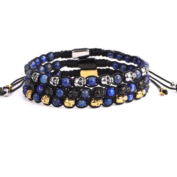 

new design women men jewelry bracelet fashion natural lapis lazuli stone stainless steel skull charm woven beads bracelet, Black