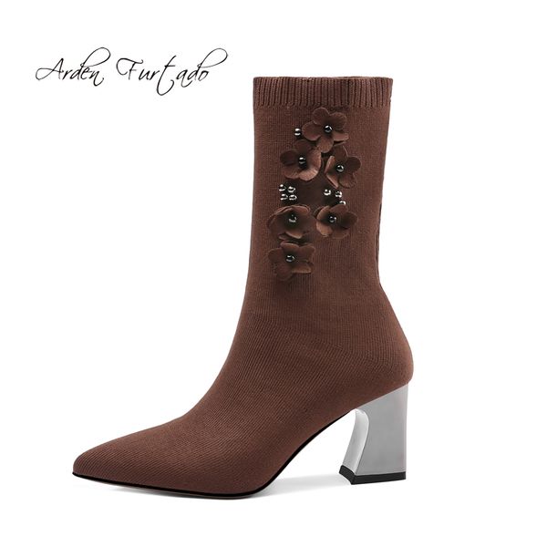 

arden furtado 2018 winter knitted stretch boots fashion shoes for woman chunky heels 7cm women slip on flowers brown boots new, Black