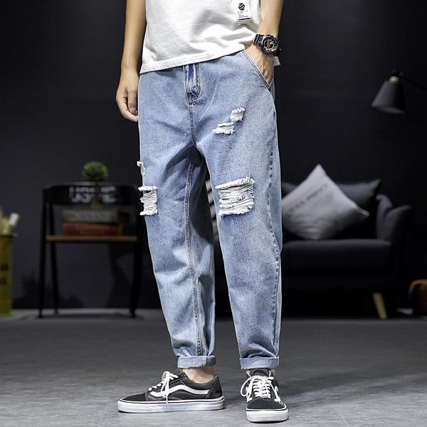 

mens baggy jeans plus size 2019 autumn new jeans men original loose ripped for men streetwear hole denim pants trouser, Blue
