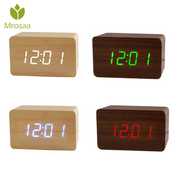

mrosaa 1pc sounds led alarm clock multifunction wood temperature snooze digital table deskmodern time clocks small rectangle