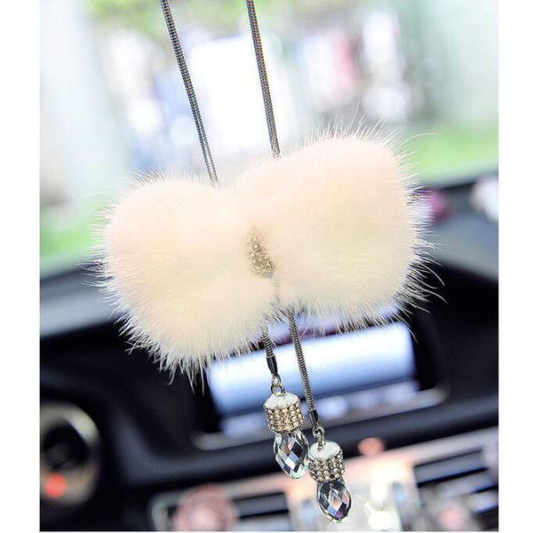 

car pendant elegant artificial mink hair hanging crystal drop fluffy cute auto interior decoration car mirror hanging white