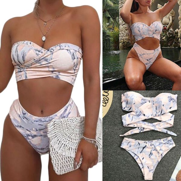 

women high waist swimsuit 2019 marble print push up bikini bandeau swimwear female bathing suit biquini summer beachwear, White;black