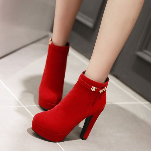 

autumn and winter high-heeled zipper platform wedding shoes bridal shoes high-heeled red 2015 platform boots round toe, Black