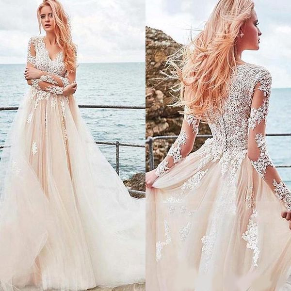 

2020 vintage lace long sleeve bridal wedding dresses summer beach boho tulle v neck appliques buttons back bridal gowns, White