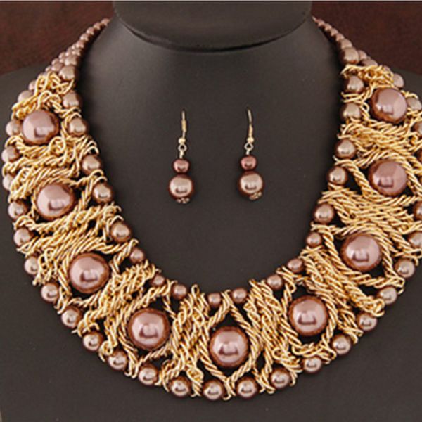 

new fashion for women 2019 statement big-name jewelry party bohemian pearl short clavicle chain female and necklace set, Silver