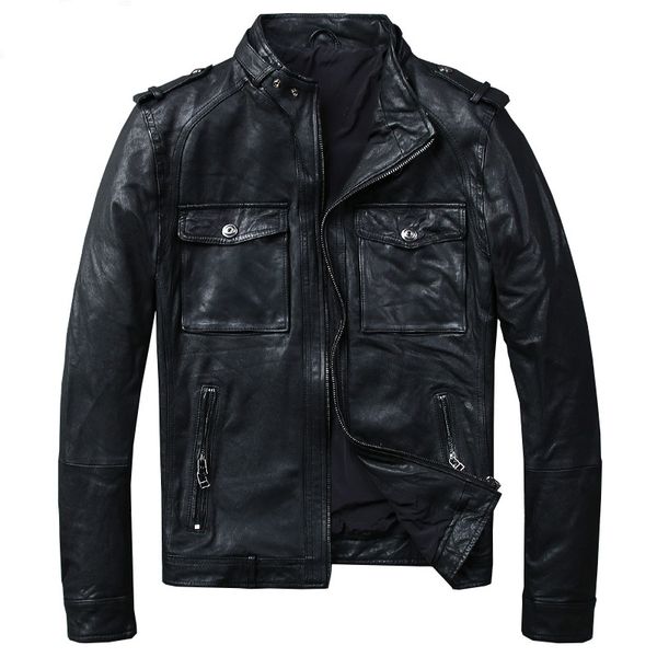 

zvaqs genuine leather jacket men casual real sheepskin coat motorcycle jacket man bomber chaqueta cuero hombre 9816 pph854, Black
