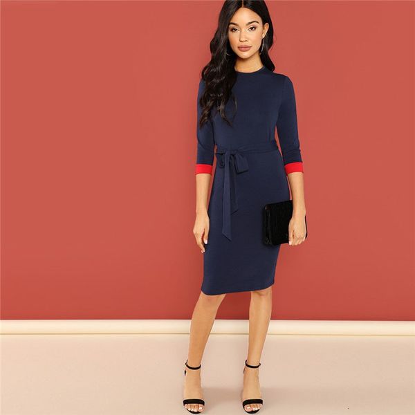 

woman dresses womens dress navy office lady colorblock belted 3 4 sleeve pencil dress autumn round neck elegant modern lady women dresses, Black;gray