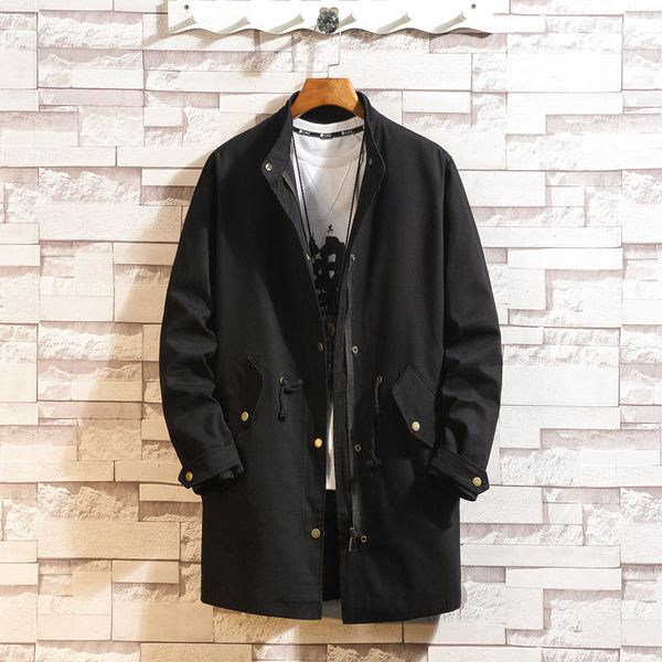 

spring and autumn boy's korean-style loose-fit mid-length trench coat solid color drawstring loose tooling jacket casual trend c, Tan;black