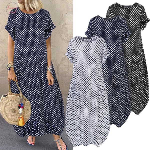 

fashion summer printed dress womens sundress zanzea 2020 short sleeve tunic maxi vestidos female casual polka dot robe oversize, Black;gray