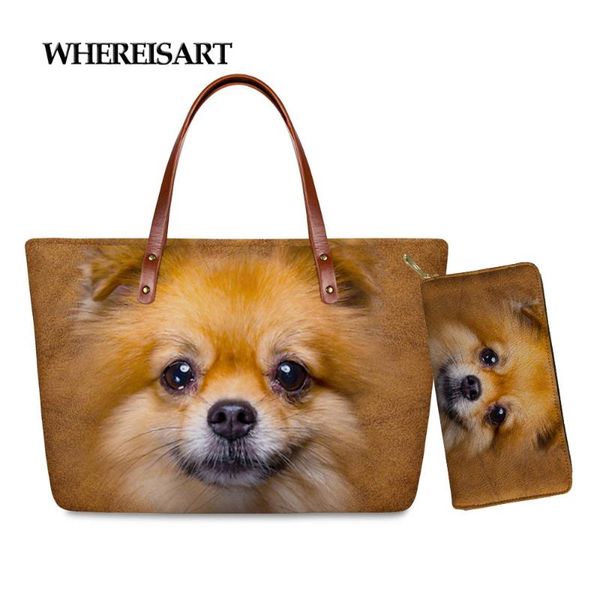 

whereisart cute pomeranian print luxury women handbags & wallets ladies large handbag tote bag for youth girls handle bag