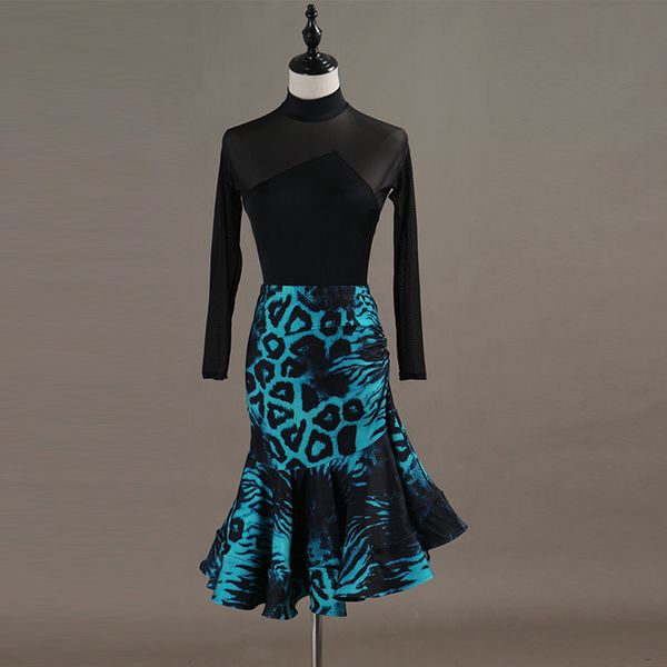 

new latin dance black + blue leopard print dance skirt rumba/tango wear art exam performance long sleeves latin dress vdb549, Black;red
