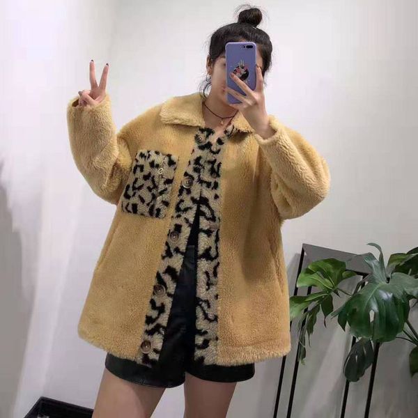 

natural real sheep fur coat patchwork parka leopard real price winter coat women korean leather jacket plus size streetwear, Black