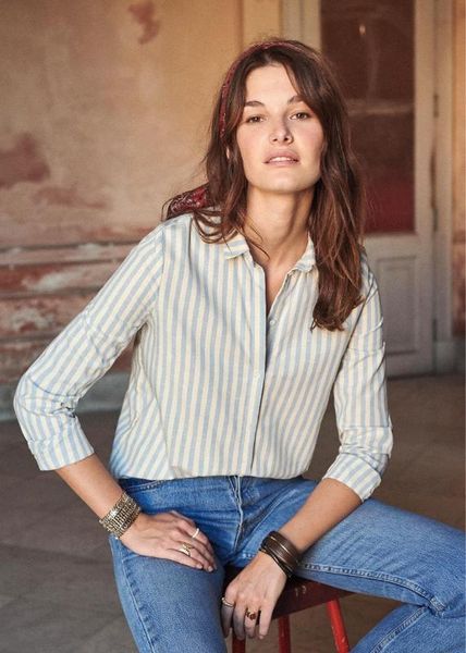 

brand fashion women high-end luxury spring autumn vintage cloud blue striped long-sleeved cotton shirt top, White