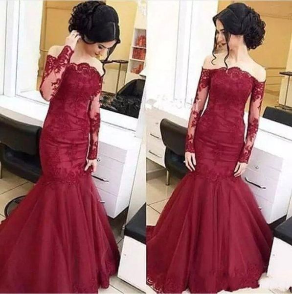 

Burgundy Lace Off the Shoulder Evening Dresses Gorgeous Appliques Mermaid Prom Gowns Full Long Sleeve Celebrity party dress 2019 New