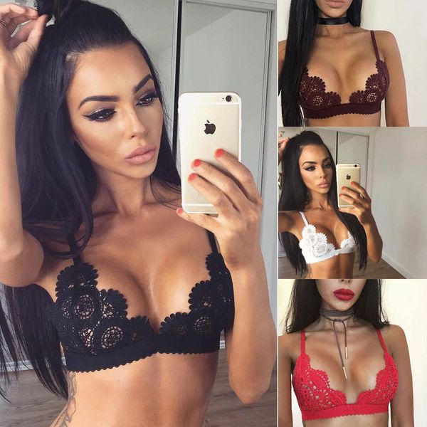 

new women's floral halter lace breathable triangle bralette unpadded bra crop lingerie clothes underwire 1pcs, Red;black