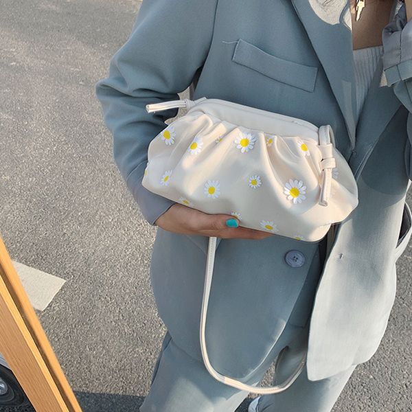 

fashion daisy shoulder bag for women embroidery crossbody bag pleated hobos dumplings bags women 2020