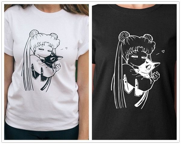 

sailor moon usagi luna anime t-shirt women kawaii japanese anime tee casual loose printed tee shirt, White