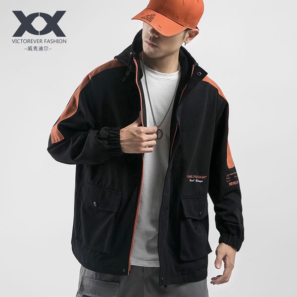 

japanese autumn and winter loose tooling jacket men's color mosaic personalized print hooded men's jacket retro color tide, Black;brown