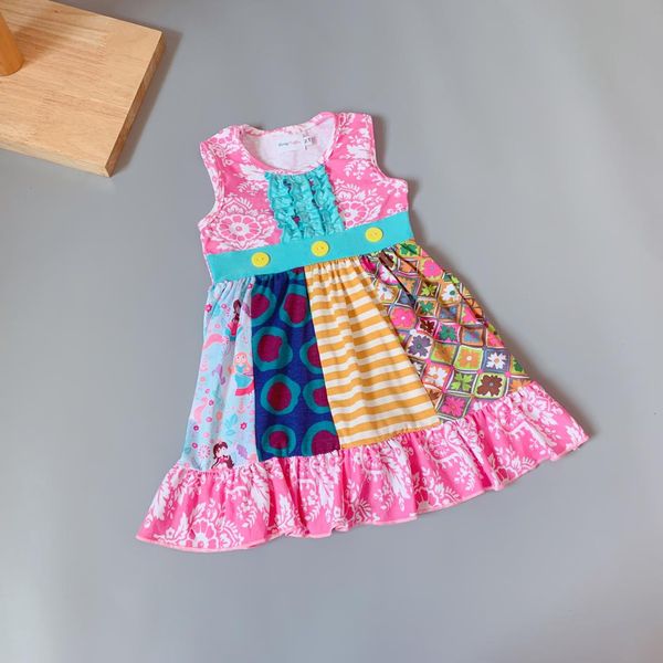 

девочка лето розовый цветочный топы с голубой планкой мульти шаблон прекрасное платье красочные платья танк с желтой кнопкой, Red;yellow