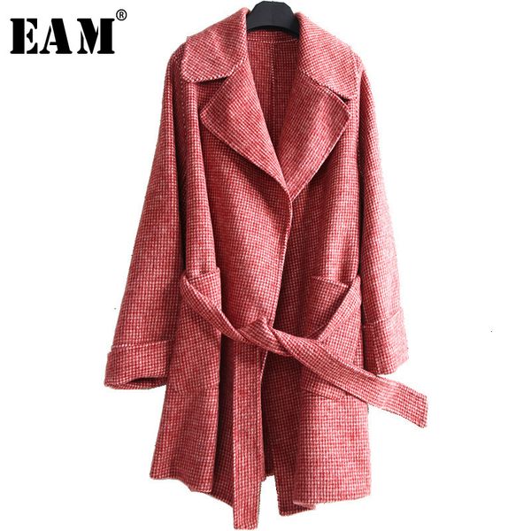 

eam] loose fit plaid bandage split temperament woolen coat parkas new long sleeve women fashion tide autumn winter 2019 1h215, Black