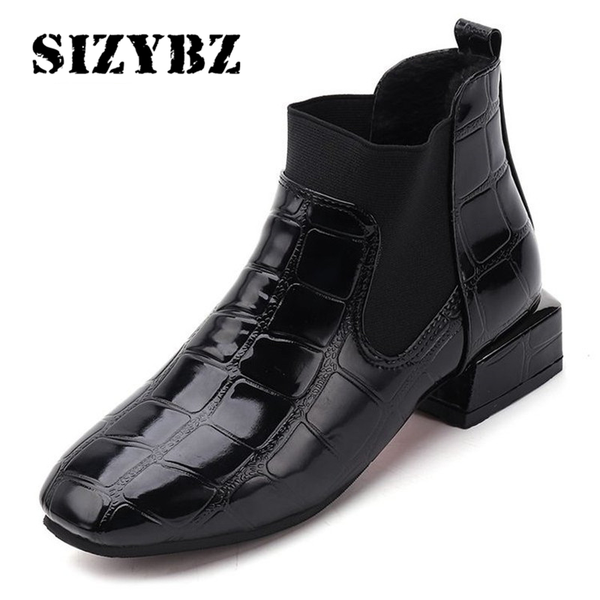 

new solid black leather ankle boots women shoes woman square toe women boots fashion low heels winter short plush