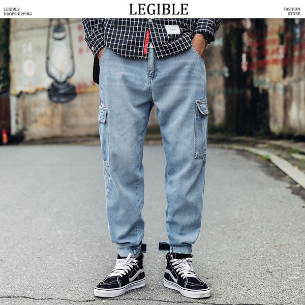 

legible cargo jeans pants mens fashion pocket denim pants men designer trousers casual loose elastic waist, Blue