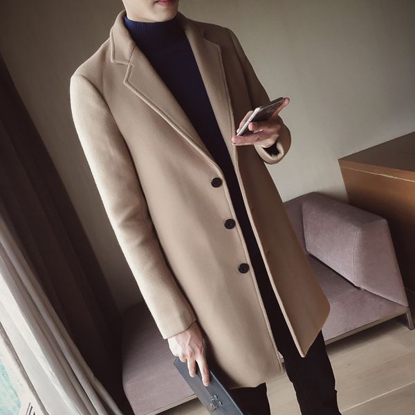 

autumn winter wool coat men fashion mid-long jacket men turn down collar overcoat solid color slim fit male trench coat m-5xl, Black
