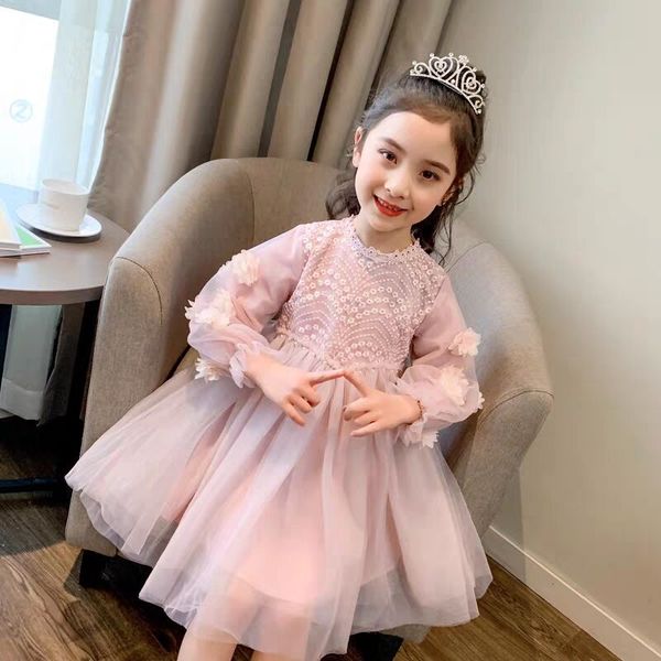 

new dresses for girls cute lace solid long lantern sleeve children dress o-neck ball grown party princess baby kids clothes, Red;yellow