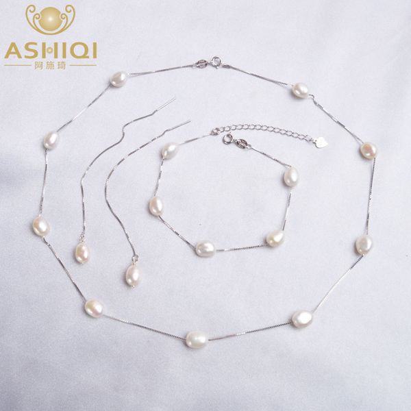 

ashiqi real 925 sterling silver natural freshwater pearl jewelry sets necklace bracelet earrings for women fashion 2020 new cx200623, Slivery;golden