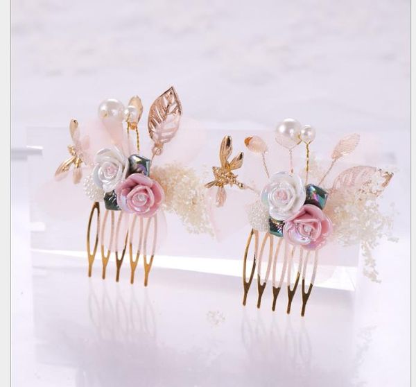 

hand-made flower comb hairdressing pink hay comb bride hairdressing, Slivery;golden