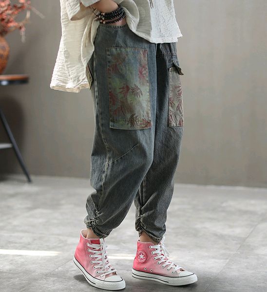 

весенние джинсы женщины vintage отбеленная омывается лоскутная эластичный пояс женский сыпучие щиколоток шаровары denim wild fashion, Blue