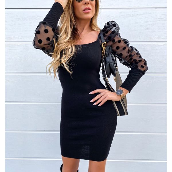 

new arrival dresses women round neck solid color black wave point puff sleeve slim mini dress bayan elbiseler, Black;gray