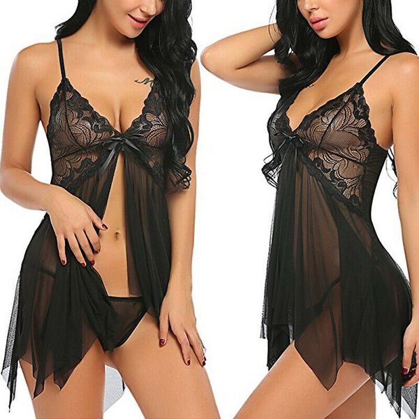 

xxxl plus size black lace women lingerie sleepwear transparent babydoll g-string underwear dress nightwear erotic set, Black;white