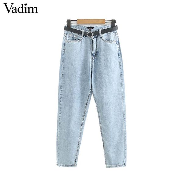 

vadim women chic straight ankle length denim jeans zipper sashes pockets stylish female basic casual long trousers ka859, Blue