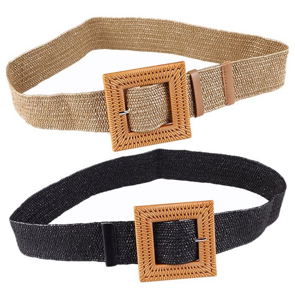 

2 pcs bohemia vintage knitted wax rope wooden bead waist rope women smooth square buckle belt women woven female braided belt, Black;brown