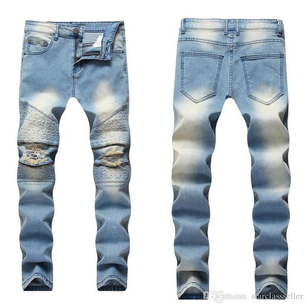 

19ss mens distressed ripped biker jeans slim fit motorcycle biker denim for men brand designer hip hop man luxury jeans designer pants, Blue