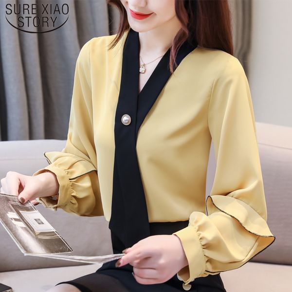 

elegant women and blouse korean fashion clothing blusas mujer de moda 2019 v-neck chiffon blouse women 7660 50, White